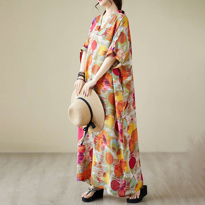 Buddha Stones Orange Blue Colorful Polka Dots Midi Dress Cotton Half Sleeve Dress With Pockets - image 11