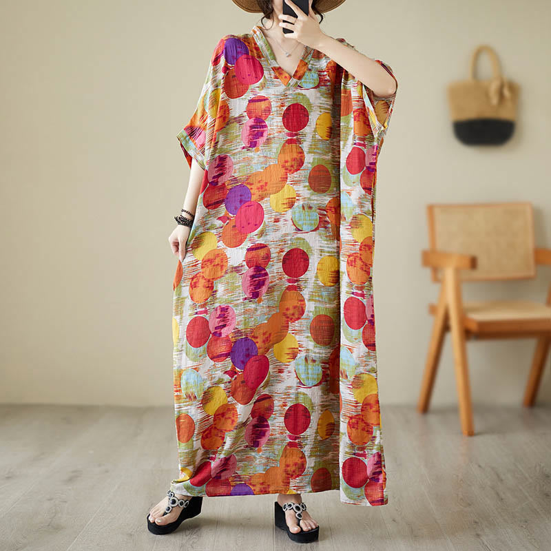 Buddha Stones Orange Blue Colorful Polka Dots Midi Dress Cotton Half Sleeve Dress With Pockets - image 12