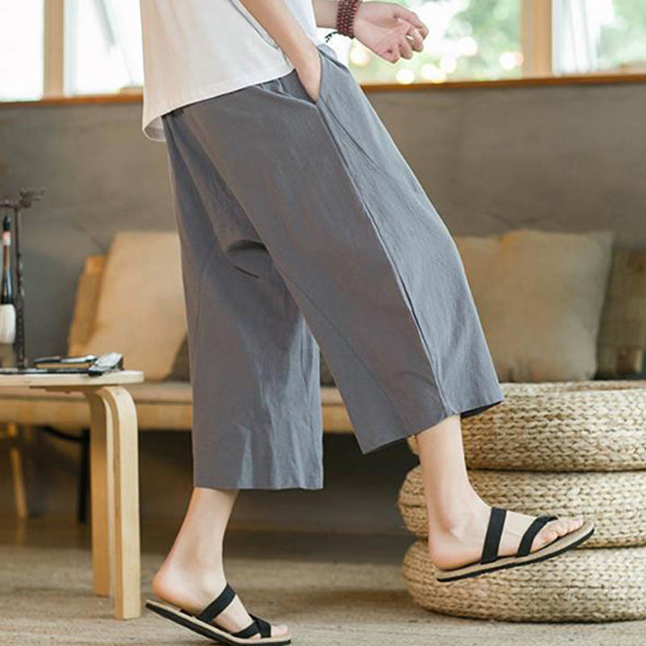 Buddha Stones Solid Color Mid-length Linen Men's Wide Leg Pants With Pockets - image 27