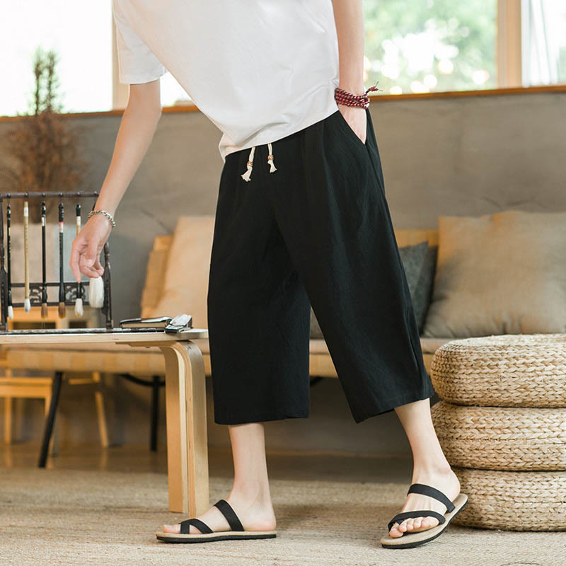 Buddha Stones Solid Color Mid-length Linen Men's Wide Leg Pants With Pockets - image 1