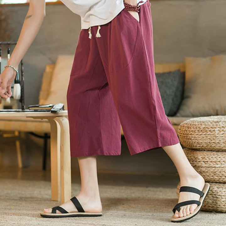 Buddha Stones Solid Color Mid-length Linen Men's Wide Leg Pants With Pockets - image 21