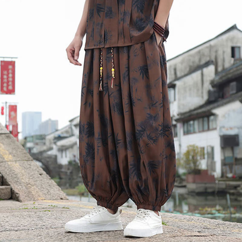 Buddha Stones Bamboo Leaves Pattern Loose Men's Harem Pants With Pockets - image 4