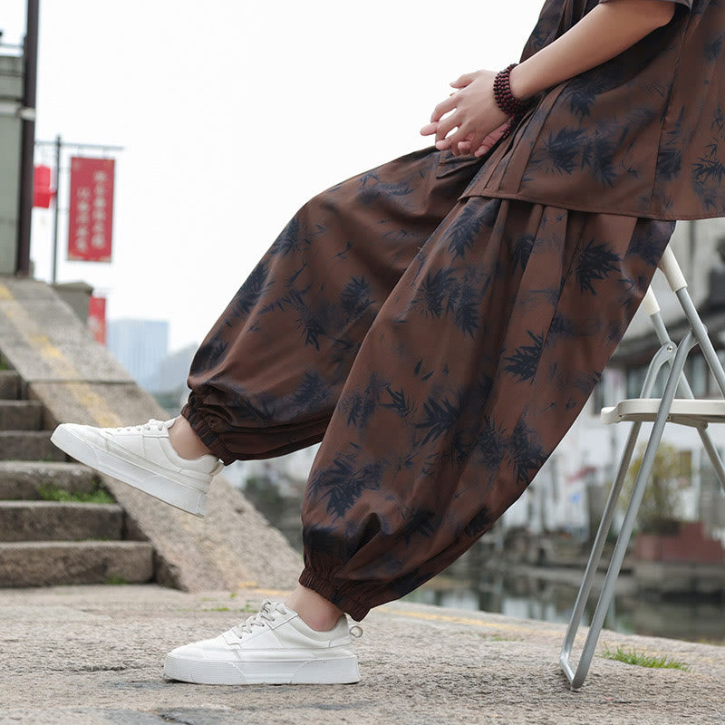 Buddha Stones Bamboo Leaves Pattern Loose Men's Harem Pants With Pockets - image 8