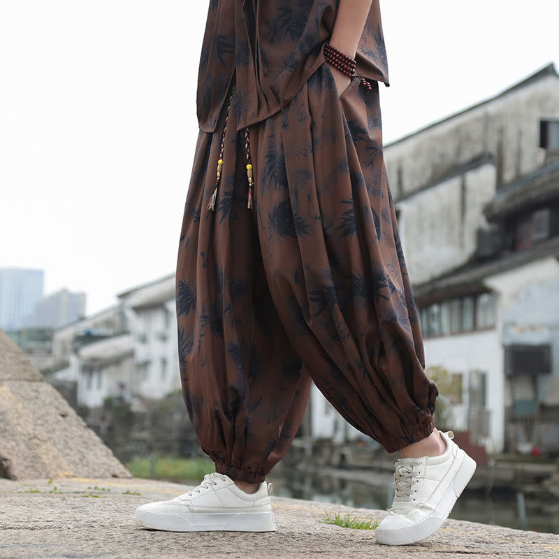 Buddha Stones Bamboo Leaves Pattern Loose Men's Harem Pants With Pockets - image 3