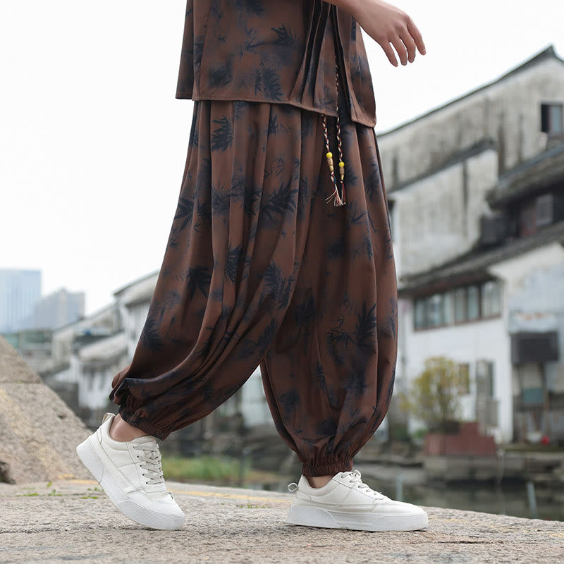 Buddha Stones Bamboo Leaves Pattern Loose Men's Harem Pants With Pockets - Bamboo Leaves-Brown - US/UK/AU46，EU56 (5XL)  - image 0