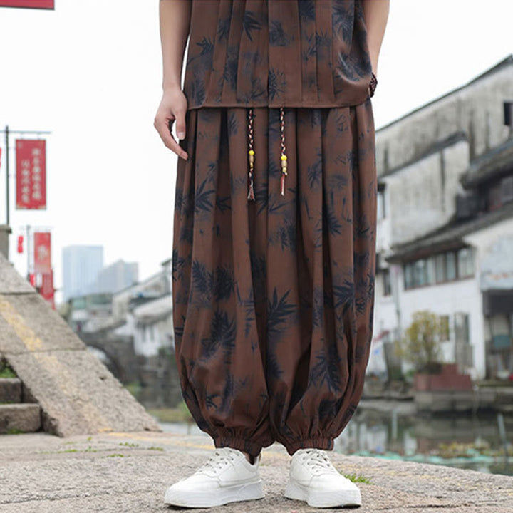 Buddha Stones Bamboo Leaves Pattern Loose Men's Harem Pants With Pockets - image 2