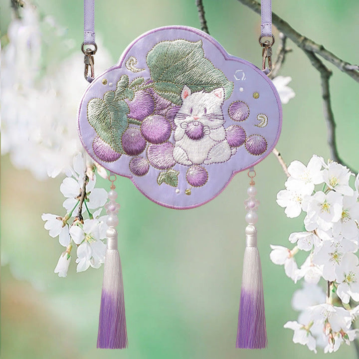 Buddha Stones Embroidery Lucky Panda Cat Shiba Inu Deer Rabbit Fox Flower Cute Animal Hanfu Bag Crossbody Bag Shoulder Bag - Grape Mouse - image 27