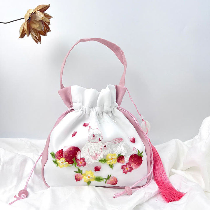 Buddha Stones Suzhou Embroidery Rabbit Lotus Epiphyllum Peony Magnolia Silk Tote Crossbody Bag Shoulder Bag Handbag - Light Pink Strawberry Rabbit 20*20*7cm - image 7