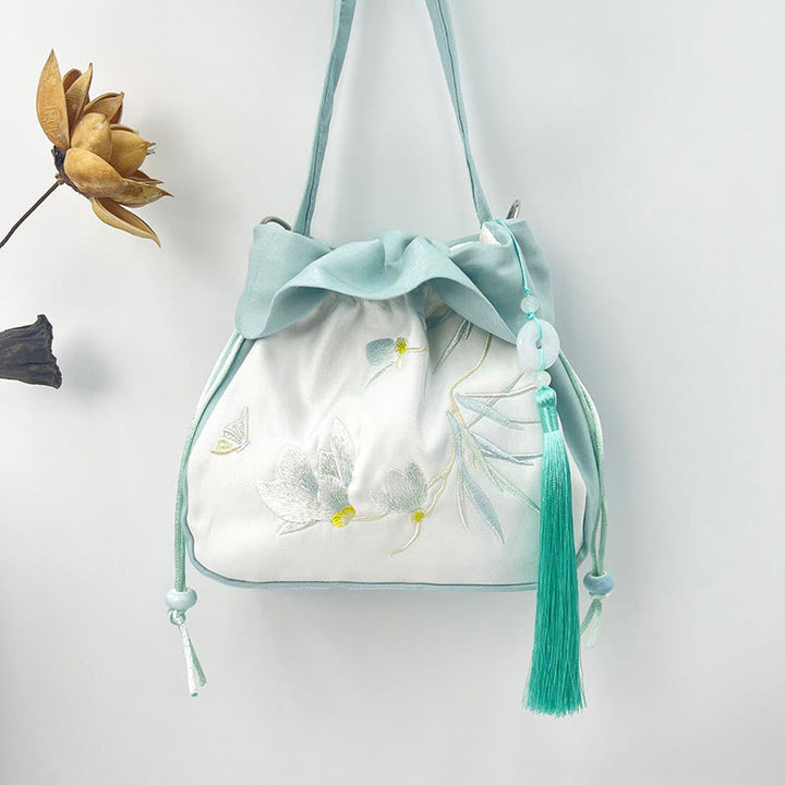 Buddha Stones Suzhou Embroidery Camellia Magnolia Peony Lotus Silk Tote Crossbody Bag Shoulder Bag Handbag - Light Blue Magnolia 20*20*7cm - image 7