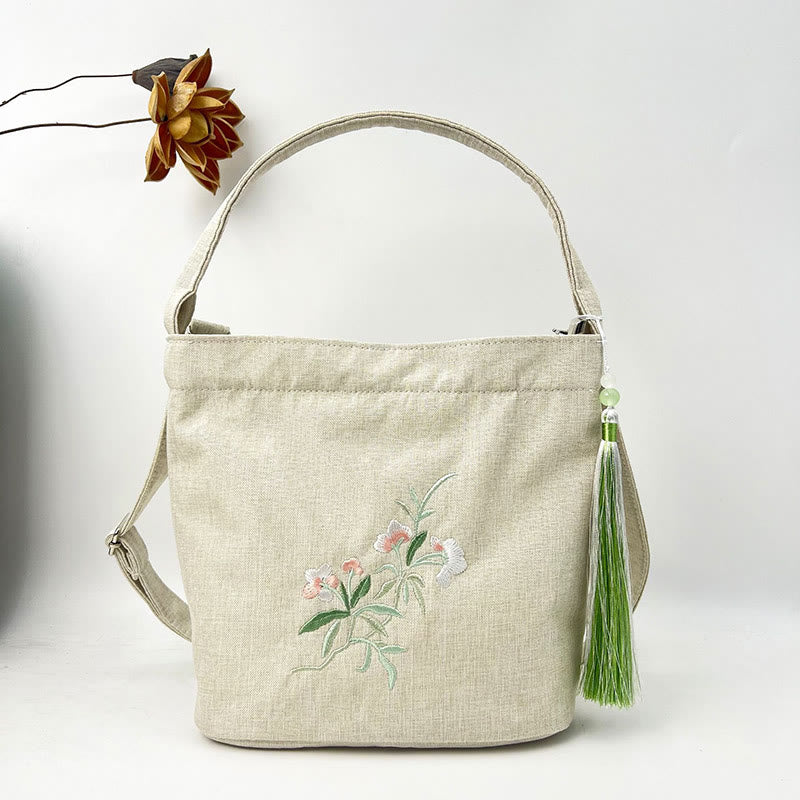 Buddha Stones Embroidery Wisteria Plum Lotus Cherry Blossom Cotton Linen Canvas Tote Crossbody Bag Shoulder Bag Handbag - Beige Small Pink White Flower 19*20*10cm - image 34