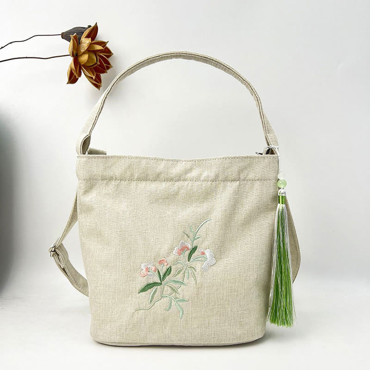Buddha Stones Embroidery Wisteria Plum Lotus Cherry Blossom Cotton Linen Canvas Tote Crossbody Bag Shoulder Bag Handbag - Beige Small Pink White Flower 19*20*10cm - image 34