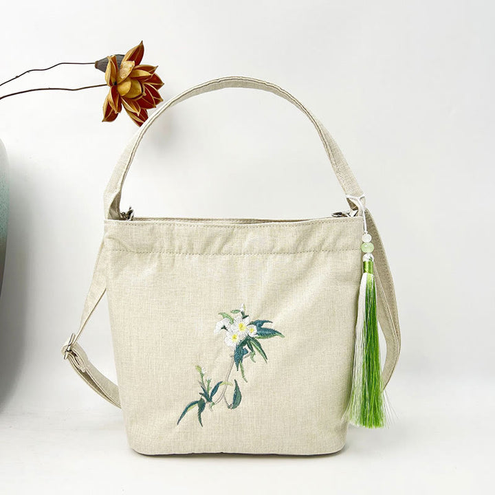 Buddha Stones Embroidery Wisteria Plum Lotus Cherry Blossom Cotton Linen Canvas Tote Crossbody Bag Shoulder Bag Handbag - Beige Flower Pear Flower 19*20*10cm - image 39