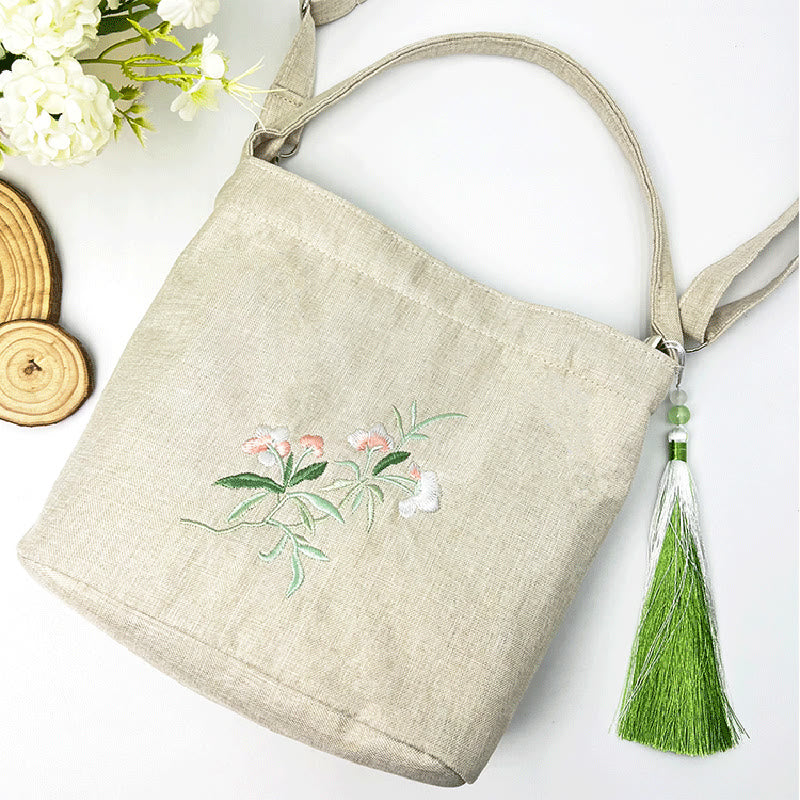 Buddha Stones Embroidery Wisteria Plum Lotus Cherry Blossom Cotton Linen Canvas Tote Crossbody Bag Shoulder Bag Handbag - image 35