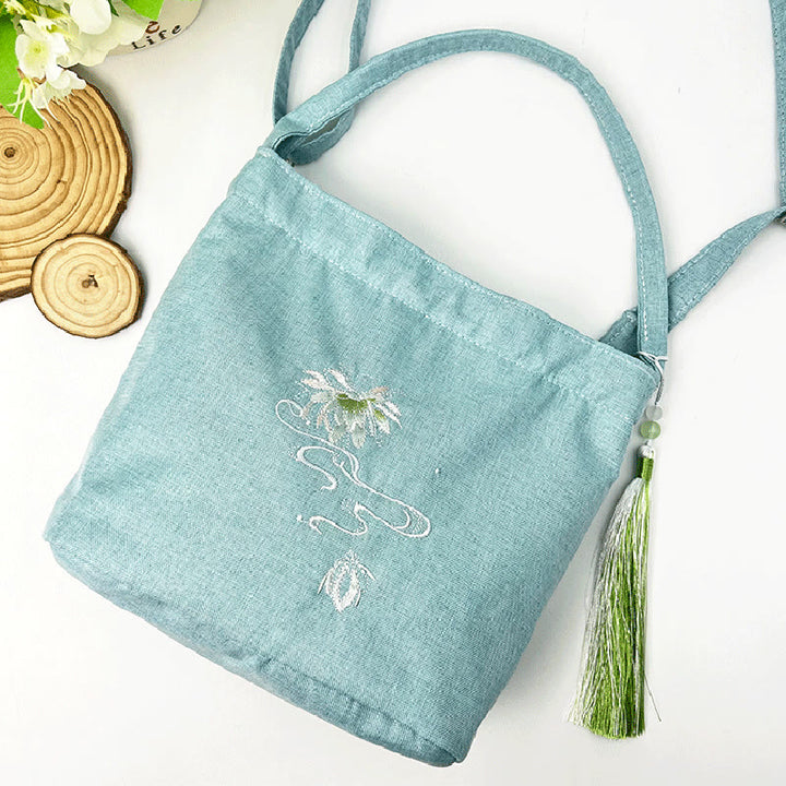 Buddha Stones Embroidery Wisteria Plum Lotus Cherry Blossom Cotton Linen Canvas Tote Crossbody Bag Shoulder Bag Handbag - image 30