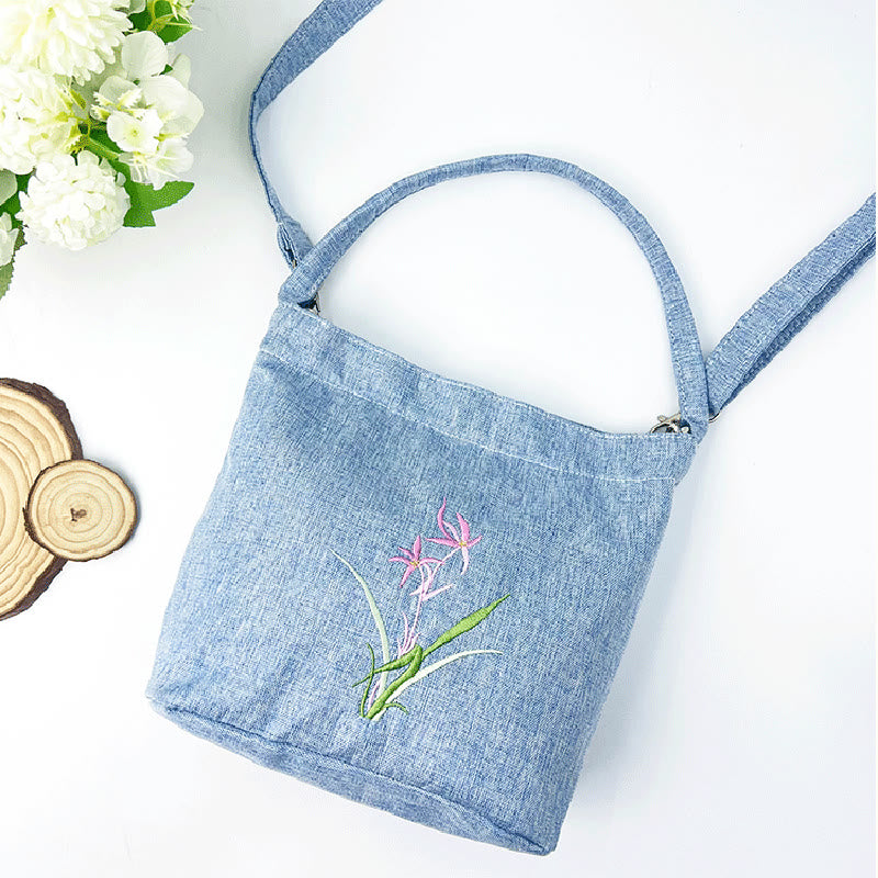 Buddha Stones Embroidery Wisteria Plum Lotus Cherry Blossom Cotton Linen Canvas Tote Crossbody Bag Shoulder Bag Handbag - image 19