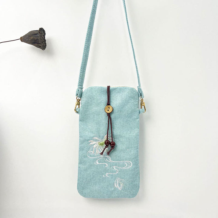 Buddha Stones Small Embroidered Flowers Crossbody Bag Shoulder Bag Cellphone Bag 11*20cm - Light Green Lotus 11*20cm - image 20