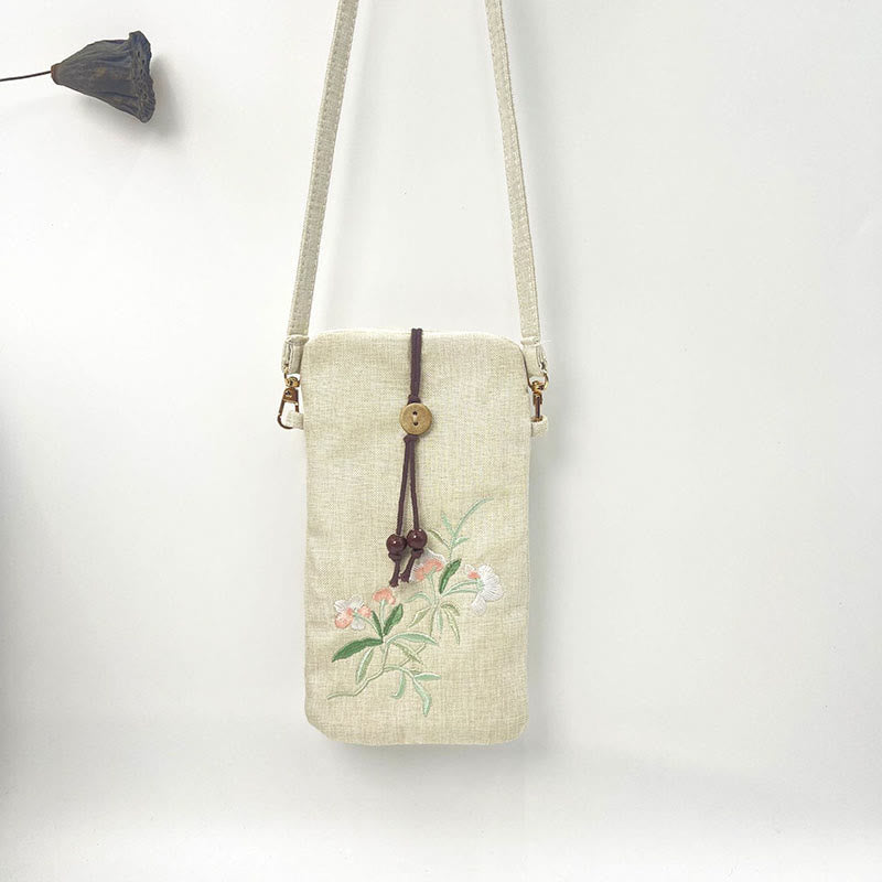 Buddha Stones Small Embroidered Flowers Crossbody Bag Shoulder Bag Cellphone Bag 11*20cm - Beige Flower Pink White Flower 11*20cm - image 22