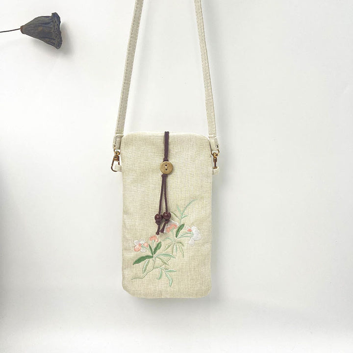Buddha Stones Small Embroidered Flowers Crossbody Bag Shoulder Bag Cellphone Bag 11*20cm - Beige Flower Pink White Flower 11*20cm - image 22