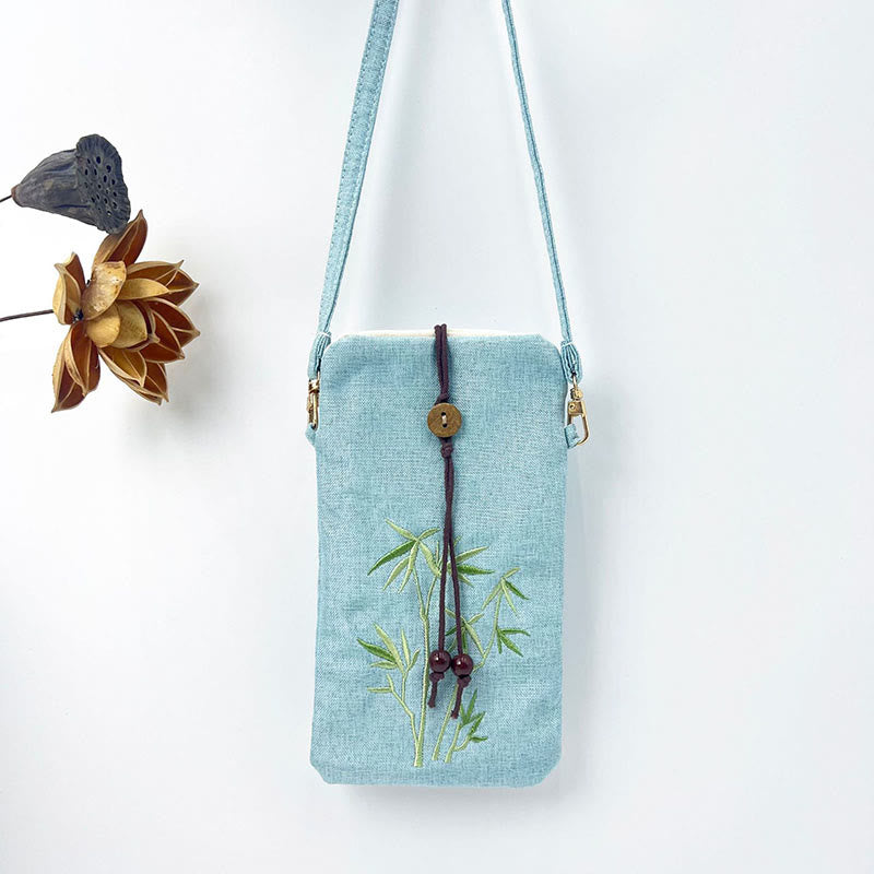 Buddha Stones Small Embroidered Flowers Crossbody Bag Shoulder Bag Cellphone Bag 11*20cm - Light Green Bamboo 11*20cm - image 26