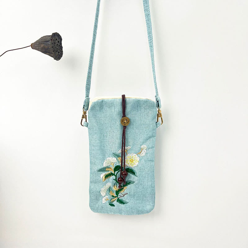 Buddha Stones Small Embroidered Flowers Crossbody Bag Shoulder Bag Cellphone Bag 11*20cm - Light Green White Plum 11*20cm - image 30