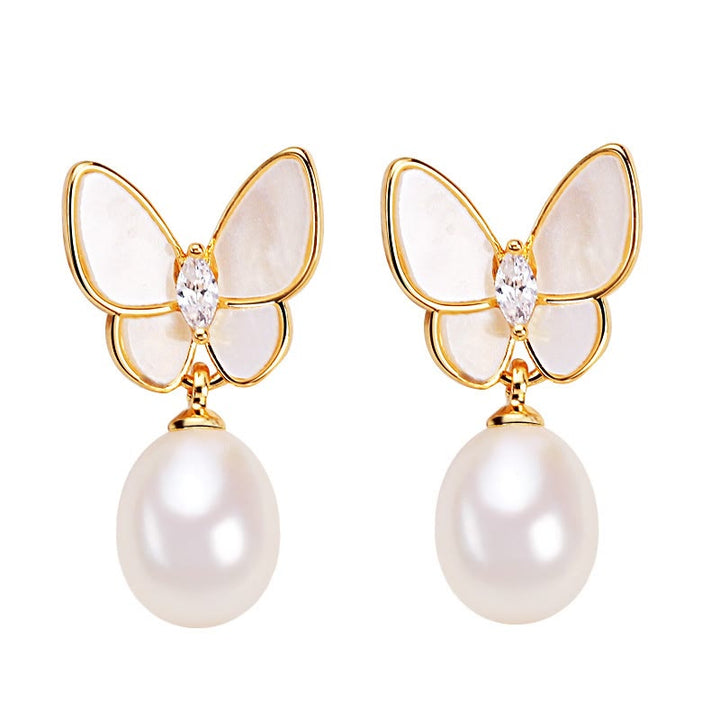 Buddha Stones 925 Sterling Silver Posts 18K Gold Plated Copper Pearl Butterfly Optimism Stud Earrings - image 8