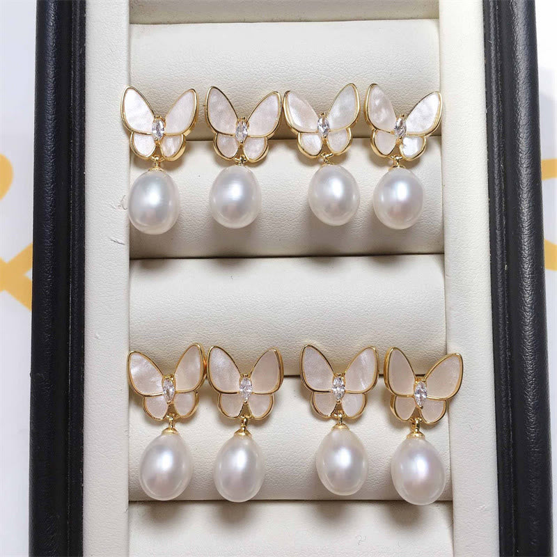 Buddha Stones 925 Sterling Silver Posts 18K Gold Plated Copper Pearl Butterfly Optimism Stud Earrings - image 6