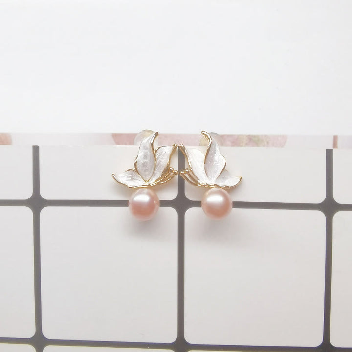 Buddha Stones 925 Sterling Silver Posts Copper Plated Gold Natural Pearl Bead Butterfly Wisdom Stud Earrings - image 3