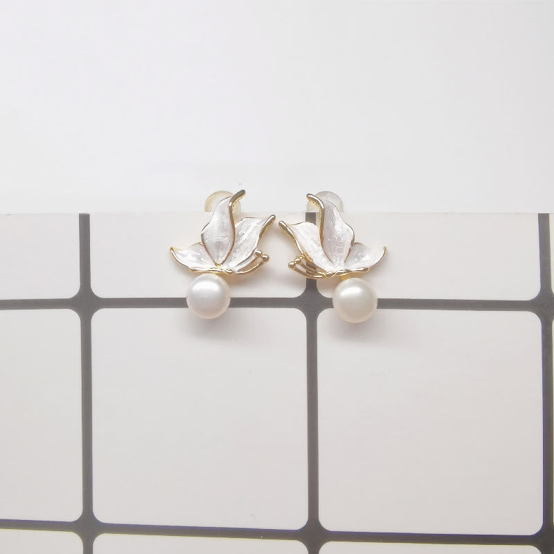 Buddha Stones 925 Sterling Silver Posts Copper Plated Gold Natural Pearl Bead Butterfly Wisdom Stud Earrings - Butterfly White Pearl (925 Sterling Silver Posts) - image 6