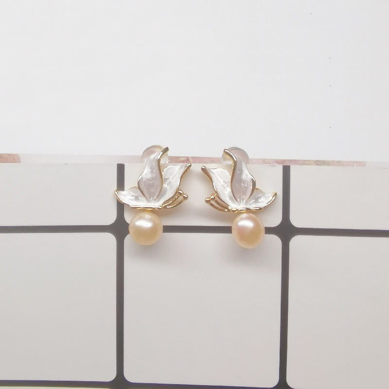 Buddha Stones 925 Sterling Silver Posts Copper Plated Gold Natural Pearl Bead Butterfly Wisdom Stud Earrings - Butterfly Pink Pearl (925 Sterling Silver Posts) - image 8