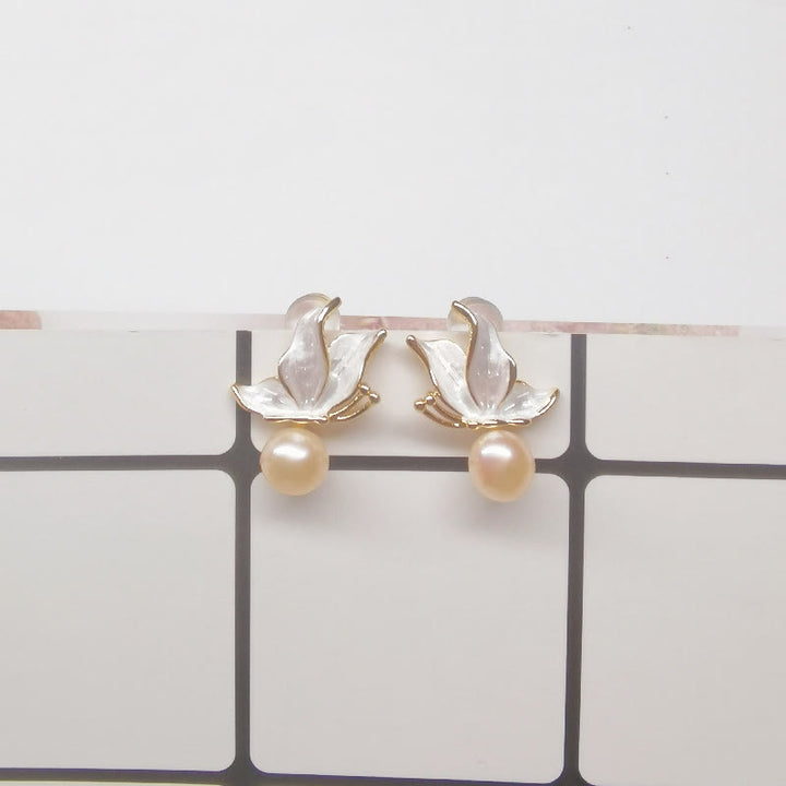 Buddha Stones 925 Sterling Silver Posts Copper Plated Gold Natural Pearl Bead Butterfly Wisdom Stud Earrings - Butterfly Pink Pearl (925 Sterling Silver Posts) - image 8