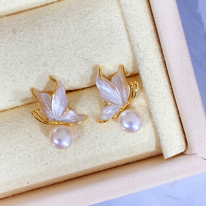 Buddha Stones 925 Sterling Silver Posts Copper Plated Gold Natural Pearl Bead Butterfly Wisdom Stud Earrings - image 1