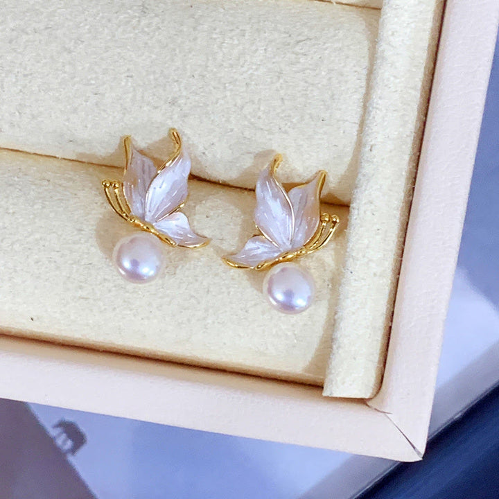 Buddha Stones 925 Sterling Silver Posts Copper Plated Gold Natural Pearl Bead Butterfly Wisdom Stud Earrings - image 2