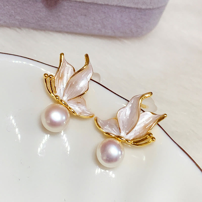 Buddha Stones 925 Sterling Silver Posts Copper Plated Gold Natural Pearl Bead Butterfly Wisdom Stud Earrings - Butterfly Purple Pearl (925 Sterling Silver Posts) - image 0