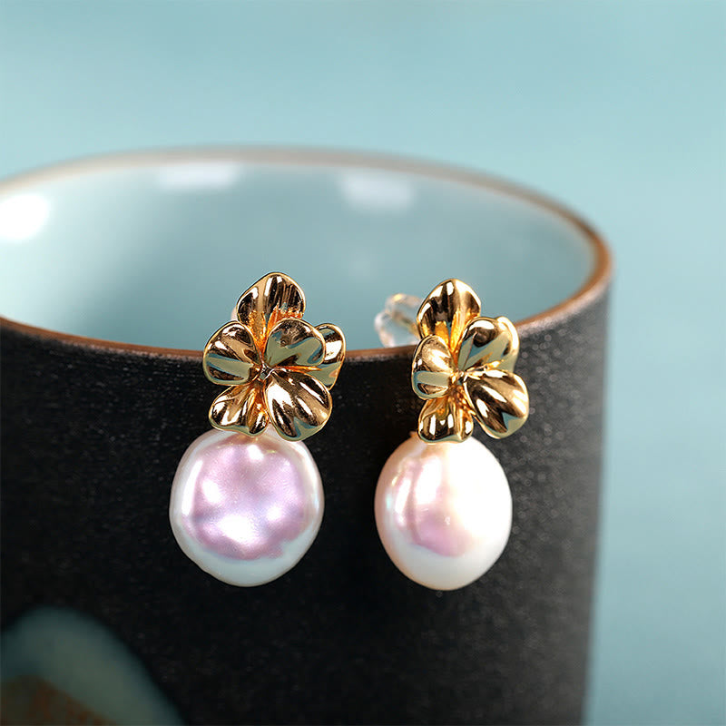 Buddha Stones 925 Sterling Silver Natural Baroque Pearl Flower Healing Drop Earrings - Baroque Pearl (925 Sterling Silver Posts) - image 0