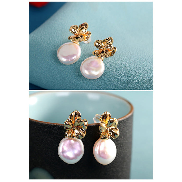 Buddha Stones 925 Sterling Silver Natural Baroque Pearl Flower Healing Drop Earrings - image 6