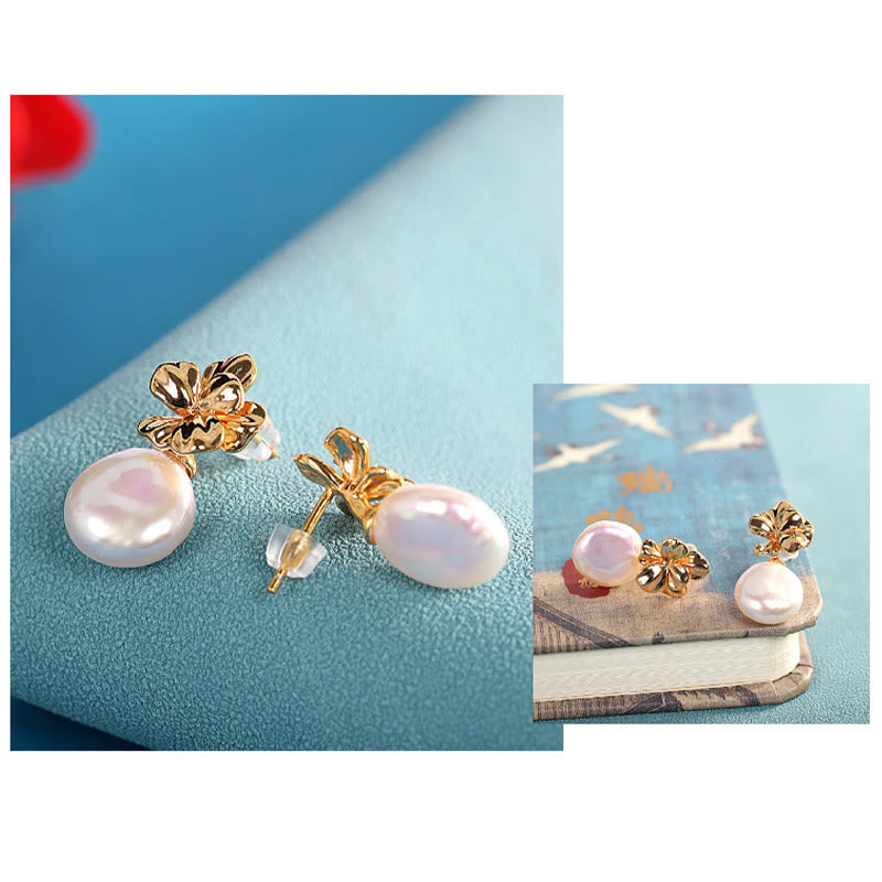 Buddha Stones 925 Sterling Silver Natural Baroque Pearl Flower Healing Drop Earrings - image 5
