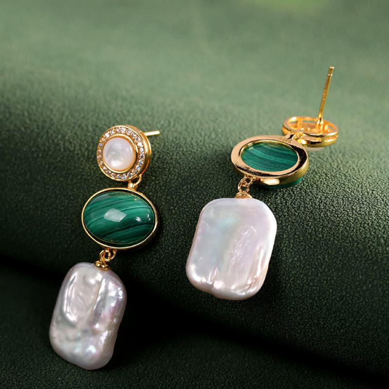 Buddha Stones 925 Sterling Silver Natural Baroque Pearl Malachite Healing Wisdom Drop Earrings - image 2