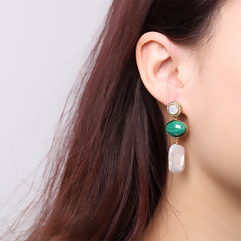 Buddha Stones 925 Sterling Silver Natural Baroque Pearl Malachite Healing Wisdom Drop Earrings - image 10