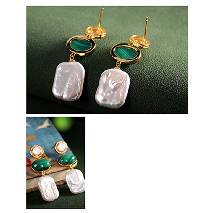 Buddha Stones 925 Sterling Silver Natural Baroque Pearl Malachite Healing Wisdom Drop Earrings - image 9