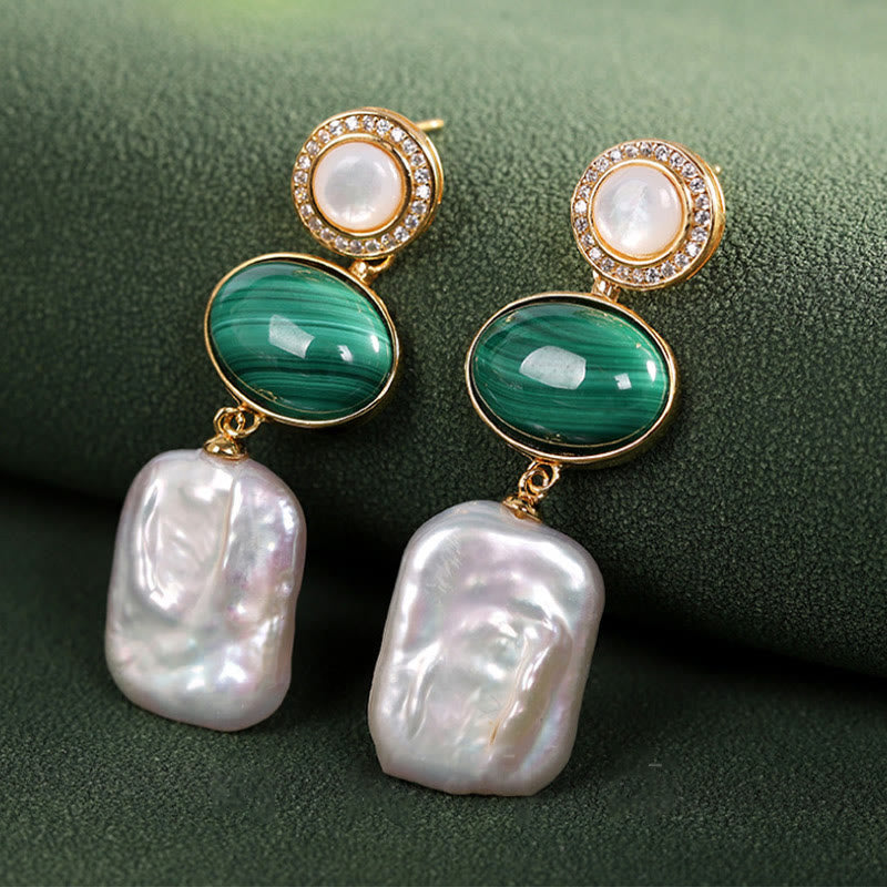 Buddha Stones 925 Sterling Silver Natural Baroque Pearl Malachite Healing Wisdom Drop Earrings - image 8
