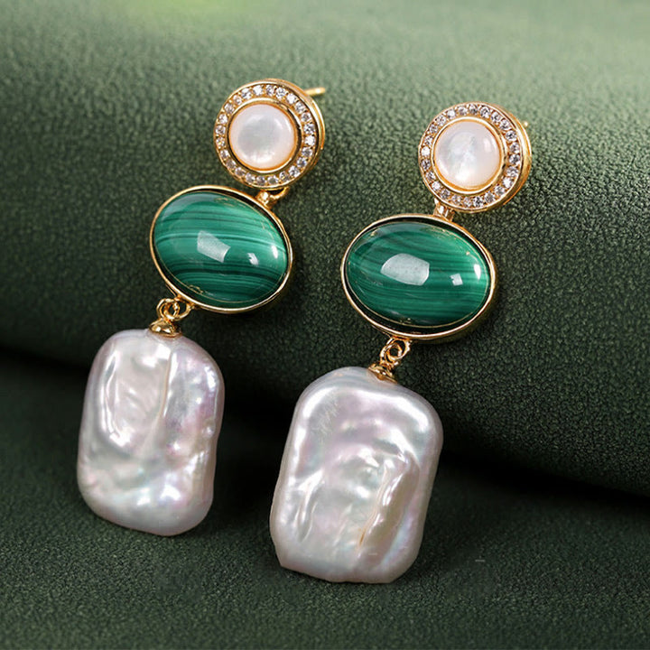 Buddha Stones 925 Sterling Silver Natural Baroque Pearl Malachite Healing Wisdom Drop Earrings - image 8