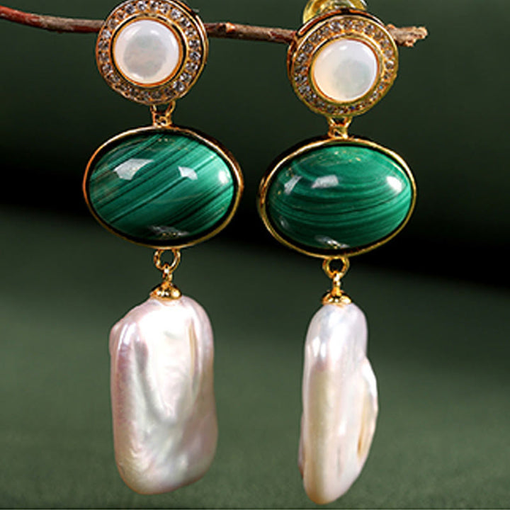 Buddha Stones 925 Sterling Silver Natural Baroque Pearl Malachite Healing Wisdom Drop Earrings - image 6