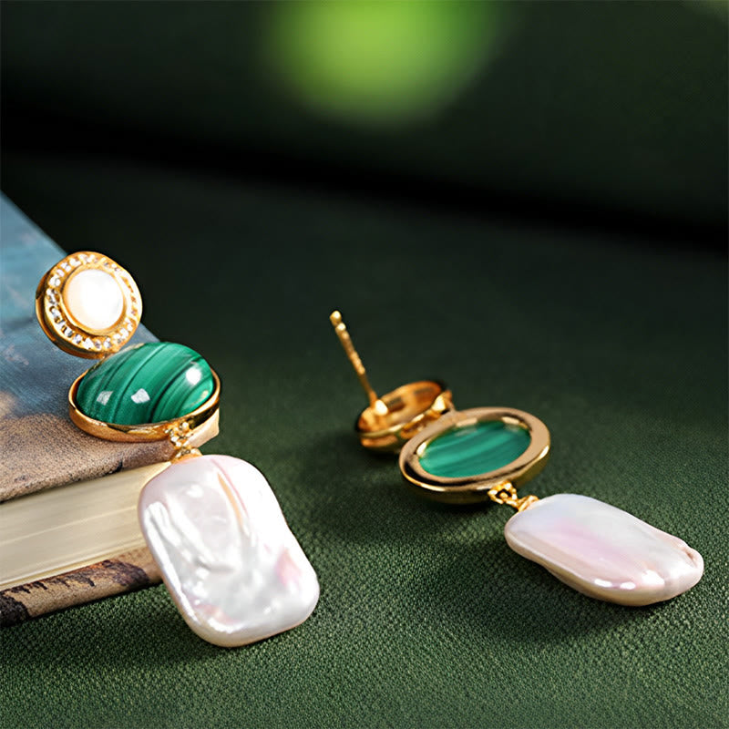Buddha Stones 925 Sterling Silver Natural Baroque Pearl Malachite Healing Wisdom Drop Earrings - image 5