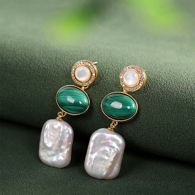 Buddha Stones 925 Sterling Silver Natural Baroque Pearl Malachite Healing Wisdom Drop Earrings - Malachite Baroque Pearl (925 Sterling Silver Posts) - image 0