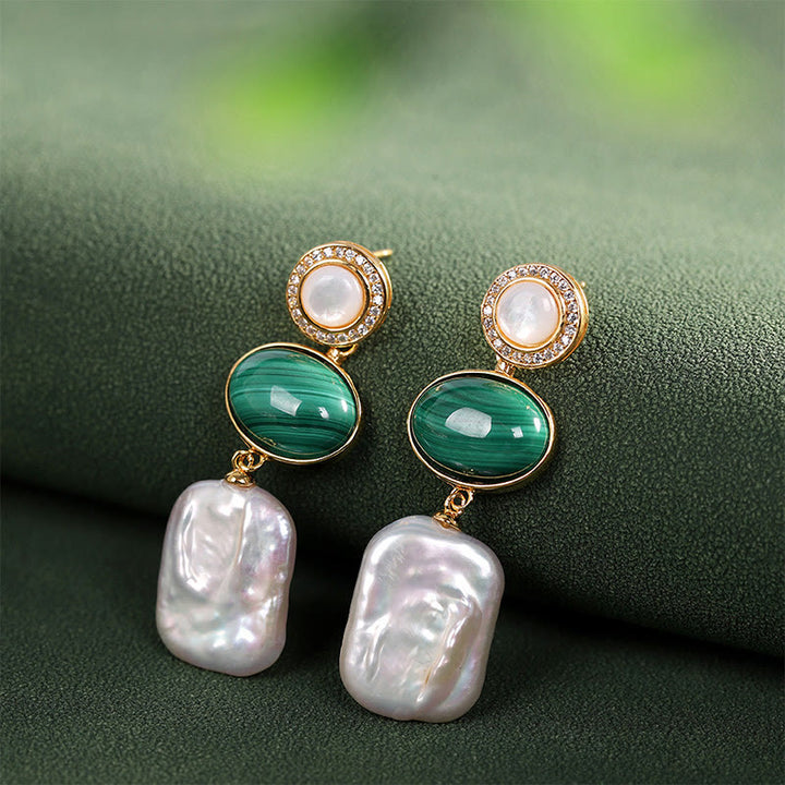 Buddha Stones 925 Sterling Silver Natural Baroque Pearl Malachite Healing Wisdom Drop Earrings - Malachite Baroque Pearl (925 Sterling Silver Posts) - image 0