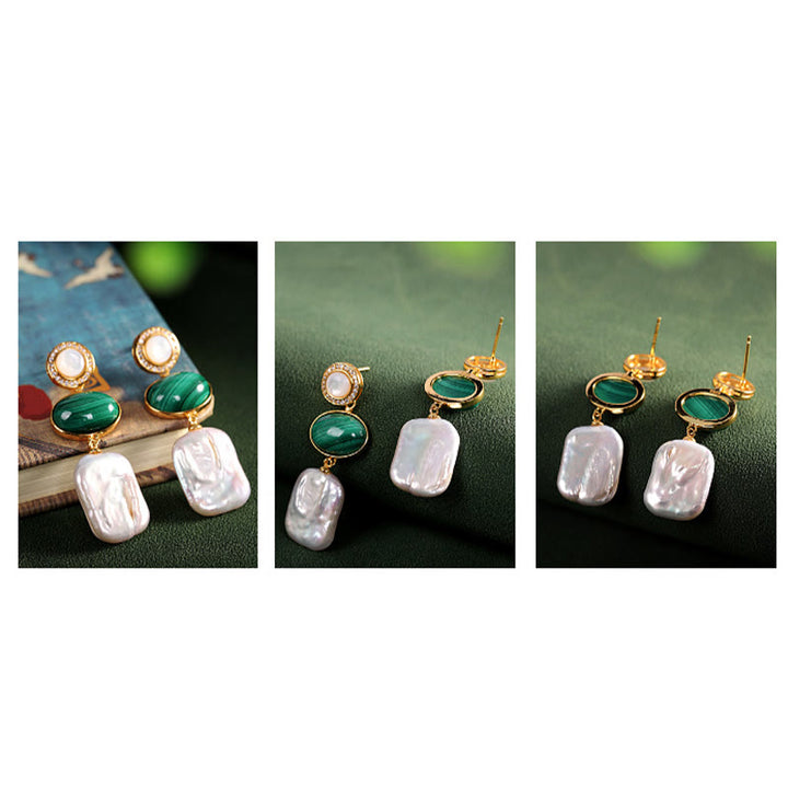 Buddha Stones 925 Sterling Silver Natural Baroque Pearl Malachite Healing Wisdom Drop Earrings - image 12