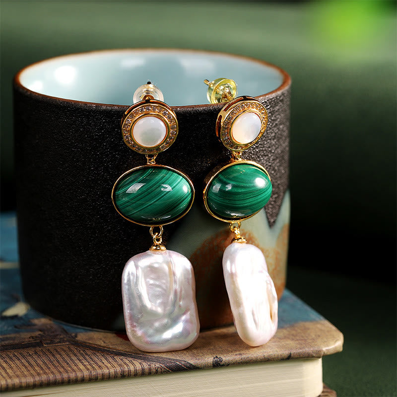 Buddha Stones 925 Sterling Silver Natural Baroque Pearl Malachite Healing Wisdom Drop Earrings - image 1