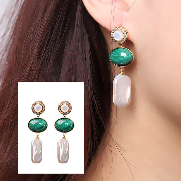 Buddha Stones 925 Sterling Silver Natural Baroque Pearl Malachite Healing Wisdom Drop Earrings - image 11
