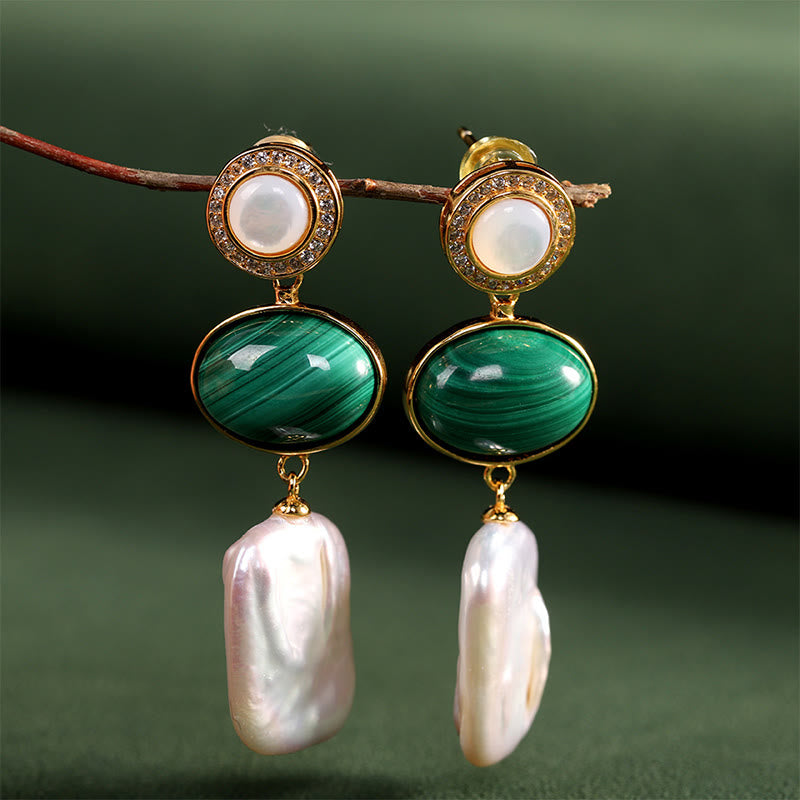 Buddha Stones 925 Sterling Silver Natural Baroque Pearl Malachite Healing Wisdom Drop Earrings - image 4