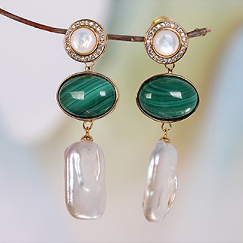 Buddha Stones 925 Sterling Silver Natural Baroque Pearl Malachite Healing Wisdom Drop Earrings - image 7